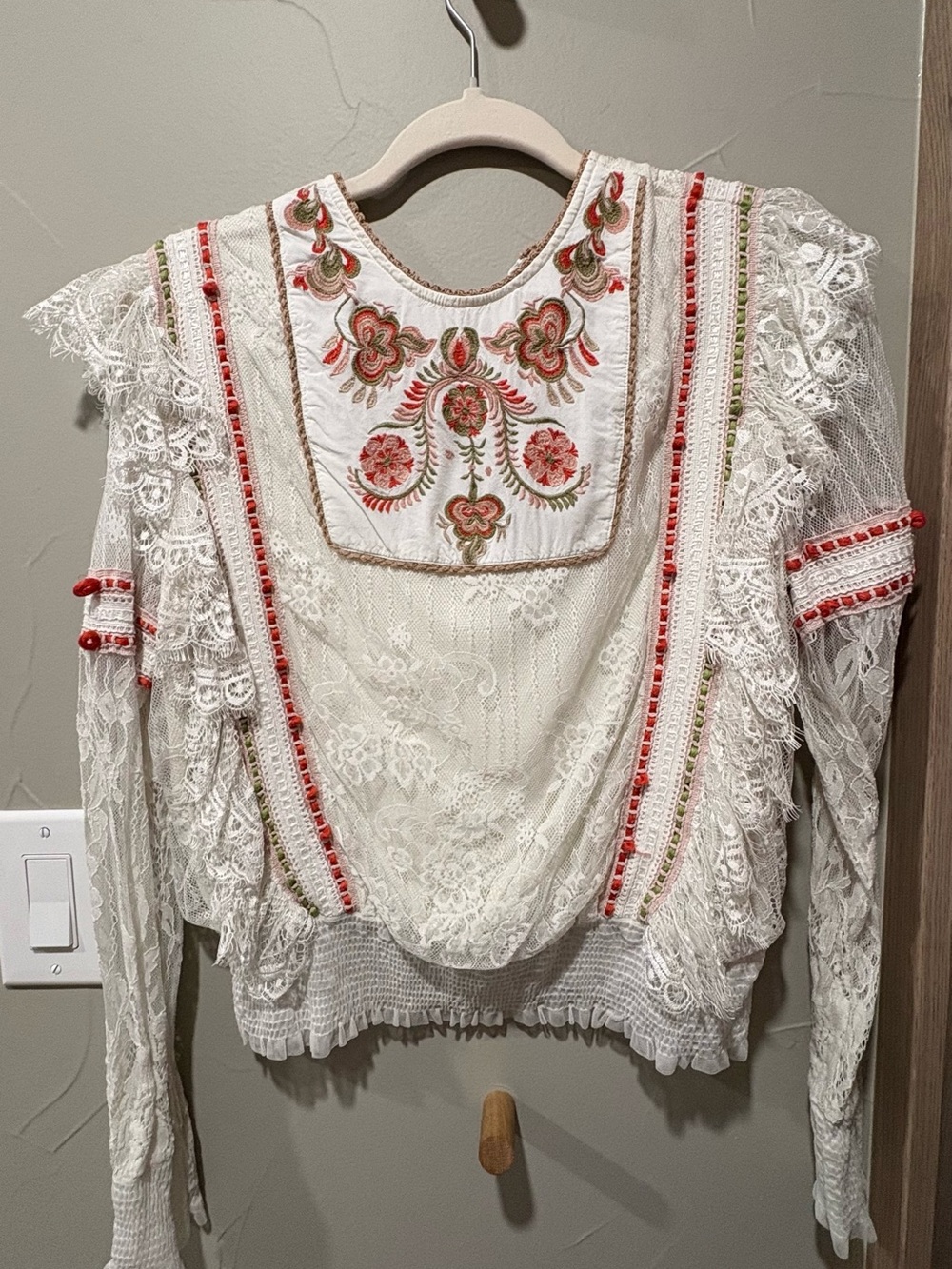 Anthropologie Brands Embroidered White Lace Boho Blouse with Red Accents